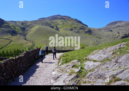 Three Walkers Heading Towards Oxendale with the Wainwright Mountain Pike of Blisco ahead of them in Langdale, Cumbria UK Stock Photo