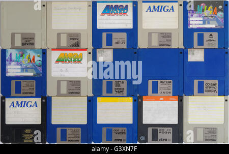 old 3,5 inch diskettes for Amiga computers, view from above Stock Photo