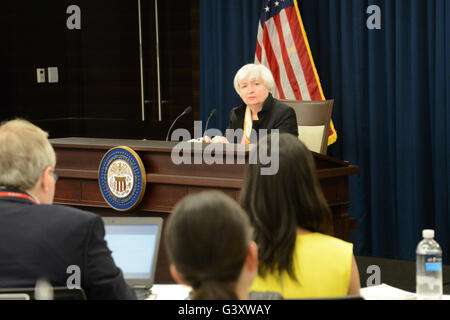 Washington, DC, USA. 15th June, 2016. U.S. Federal Reserve Chair Janet Yellen attends a press conference in Washington, DC, capital of the United States, June 15, 2016. The U.S. Federal Reserve on Wednesday kept its federal fund rate unchanged after concluding its two-day meeting. Credit:  Gao Pan/Xinhua/Alamy Live News Stock Photo