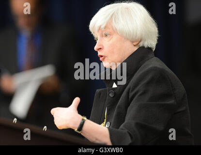 Washington, DC, USA. 15th June, 2016. U.S. Federal Reserve Chair Janet Yellen speaks during a press conference in Washington, DC, capital of the United States, June 15, 2016. The U.S. Federal Reserve on Wednesday kept its federal fund rate unchanged after concluding its two-day meeting. Credit:  Gao Pan/Xinhua/Alamy Live News Stock Photo