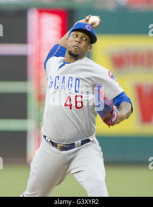 Washington, District of Columbia, USA. 15th June, 2016. Chicago Cubs relief pitcher Pedro Strop (46) pitches in the eighth inning against the Washington Nationals at Nationals Park in Washington, DC on Wednesday, June 15, 2016. The Nationals won the game 5 - 4 in 12 innings. The Nationals won the game 5 - 4 in twelve innings.Credit: Ron Sachs/CNP Credit:  Ron Sachs/CNP/ZUMA Wire/Alamy Live News Stock Photo