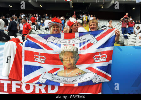 Lens, France. 16th June, 2016. England fans at the Stade Bollaert-Delelis in Lens, France this afternoon during their Euro 2016 Group B fixture with Wales. Credit:  Phil Rees/Alamy Live News Stock Photo