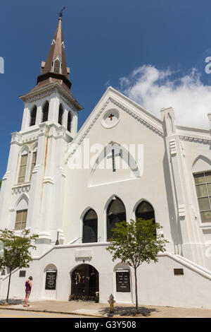 Charleston, South Carolina, USA. 16th June, 2016. The historic Mother Emanuel African Methodist Episcopal Church on the eve of the anniversary of the mass shooting June 16, 2016 in Charleston, South Carolina. Nine members were gunned down during bible study at the church on June 17, 2015. Credit:  Planetpix/Alamy Live News Stock Photo