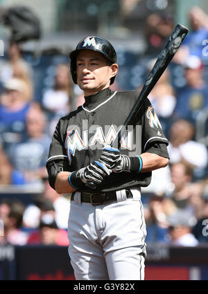 San Diego, California, USA. 15th June, 2016. Ichiro Suzuki (Marlins) MLB : Ichiro Suzuki of Miami Marlins prepares to bat in the ninth inning during the Major League Baseball game between the San Diego Padres and the Miami Marlins at PetCo Park in San Diego, California, United States . © AFLO/Alamy Live News Stock Photo