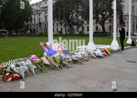 London, UK. 17th June, 2016. Floral tributes and messages of condolence are placed in Parliament to Labour MP Jo Cox who was tragically killed in Birstall Yorkshire on June 16 Credit:  amer ghazzal/Alamy Live News Stock Photo