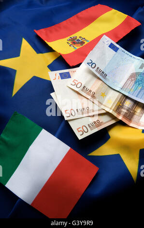 Spanish and Italian flag, EU flag, euro banknotes, symbolic image, currency crisis in Europe Stock Photo