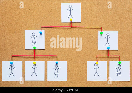 Visualization of an organization chart on a cork bulletin board. Stock Photo