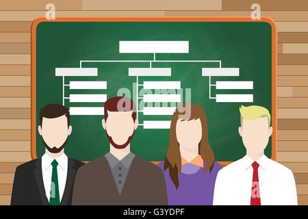 organization structure write on board with team people on front of line up vector graphic Stock Vector