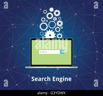 search engine laptop with searching box and gear as background vector graphic Stock Vector