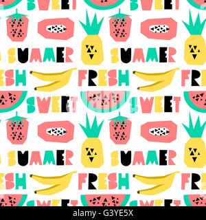 Seamless repeating pattern with geometric letters and fruits in yellow, pink, green and black isolated on white background. Perf Stock Vector