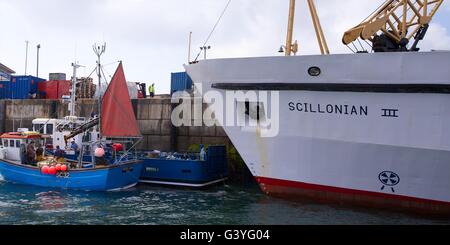 Scillonian III Passenger ferry and fishing boats in harbour, St Mary's, Isles of Scilly, Cornwall, England, UK, GB Stock Photo