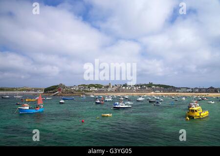 Boats in harbour, St Mary's, Isles of Scilly, Cornwall, England, UK, GB Stock Photo