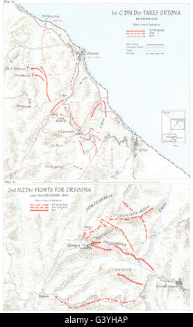 BERNHARDT LINE ASSAULT:Nov-Dec 1943:1st C DN Div Ortona; 2nd NZ Orsogna 1973 map Stock Photo