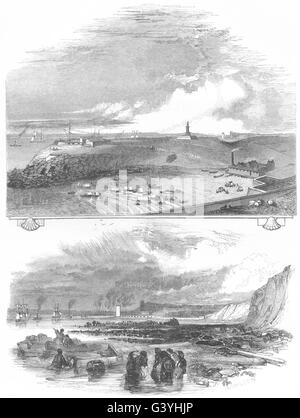 TYNEMOUTH: Newcastle: with Collingwood monument; Shields Harbour, print 1850 Stock Photo
