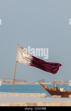 Qatar flag flying at Senyar festival, Katara Cultural Village, Doha. Stock Photo