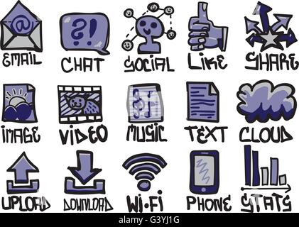 Internet themed vector doodled icons Stock Vector