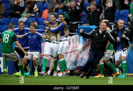 Northern Ireland manager Michael O'Neill (second right) celebrates after Niall McGinn (not in picture) scores his side's second goal of the game during the UEFA Euro 2016, Group C match at the Parc Olympique Lyonnais, Lyon. Stock Photo