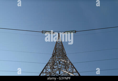 Looking up at an electricity pylon in northern France. Stock Photo