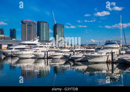 The Marina, boats and harbour or harbor at Docklands, Melbourne, Australia Stock Photo