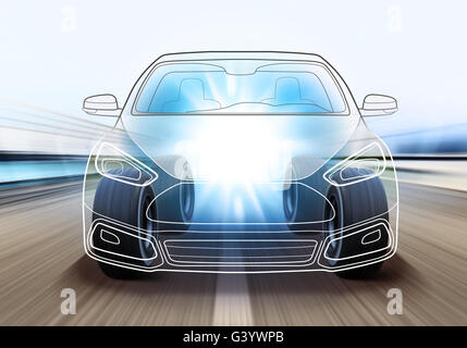 design of advanced car and wheels rushes on road with high speed Stock Photo