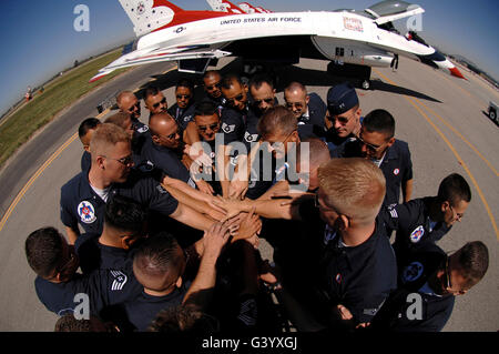 Air Force Thunderbird maintainers bring it in for a cheer. Stock Photo