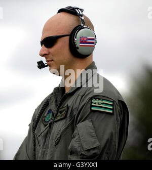 Airman conducts engine start up checks. Stock Photo