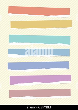 Ripped colorful blank paper pieces are stuck on striped background Stock Vector