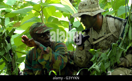 A Scout receives observational information from a Beninese Army officer. Stock Photo