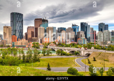 HDR rendering of Calgary downtown showing Lions Gate Bridge across the Bow River and surrounding skyscrapers. Stock Photo