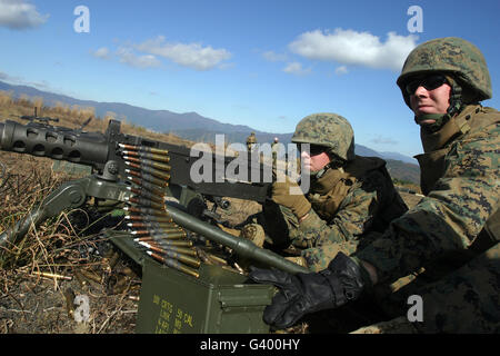 A soldier fires an M2 .50 caliber machine gun. Stock Photo