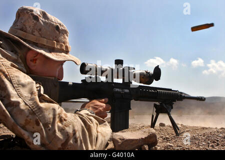 A scout sniper fires his MK-11 sniper rifle. Stock Photo