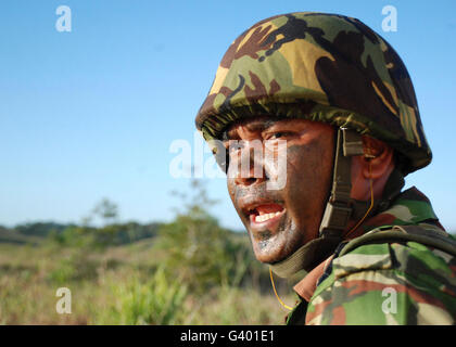 A Royal Brunei Land Force soldier shouts commands to his fellow soldiers. Stock Photo