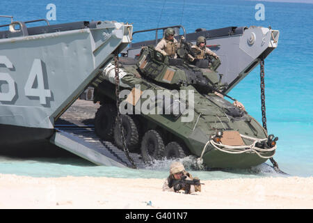 An LAV-25 exits a landing craft utility ship during an amphibious assault. Stock Photo
