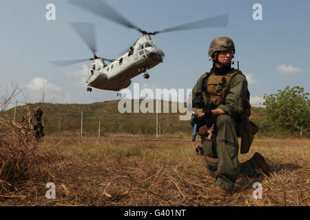 A U.S. Marines provide security as a CH-46E Sea Knight prepares to land. Stock Photo