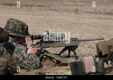 U.S. Marine fires his M40A3 7.62mm sniper rifle. Stock Photo