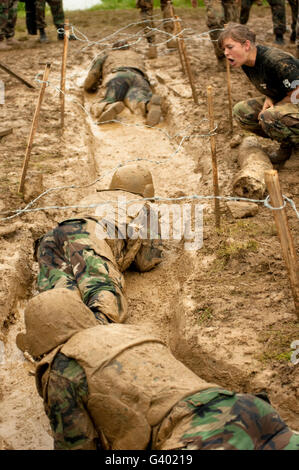 Plebes navigate the low crawl obstacle during Sea Trials at the U.S. Naval Academy. Stock Photo