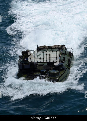 An amphibious assault vehicle approaches the well deck of USS Iwo Jima. Stock Photo