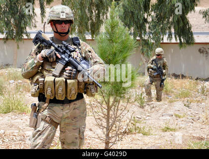 U.S. Army soldier stands guard at a proposed construction site in Afghanistan. Stock Photo