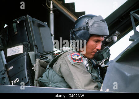 Pilot sits in the cockpit of a F-117A stealth fighter. Stock Photo