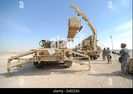 a missile reload certification on a U.S. Army Patriot Launch Station. Stock Photo