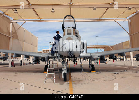 Airmen perform pre-flight checks on an A-10 Thunderbolt II. Stock Photo