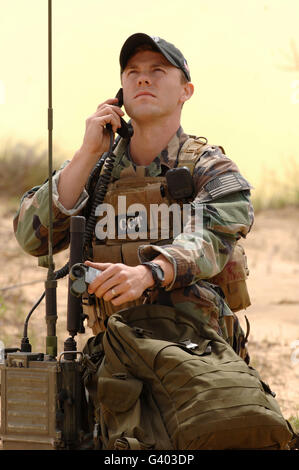 U.S. Air Force combat controller provides radio communication. Stock Photo