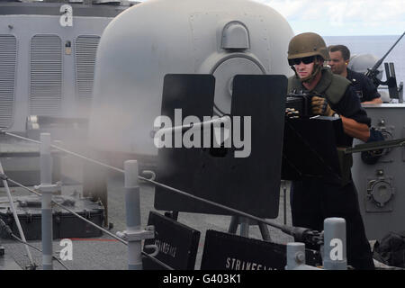 onar Technician fires a .50-caliber machine gun. Stock Photo