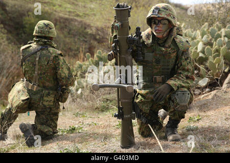 Japan Ground Self-Defense Force soldiers participate in simulated combat. Stock Photo
