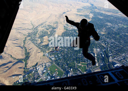 Members of the U.S. Navy Parachute Team Leap Frogs jump above Boise, Idaho. Stock Photo