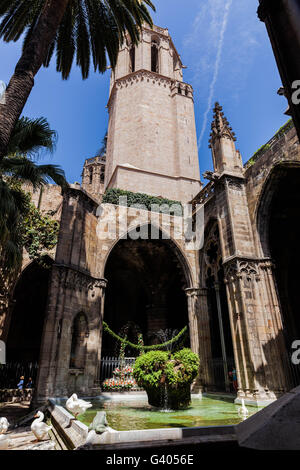 Fountain in atrium of the Santa Eulalia Cathedral in Barcelona, Catalonia, Spain. Stock Photo
