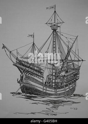 Modern Age. The carrack, 15th century. Europe. Engraving, 19th century. Stock Photo