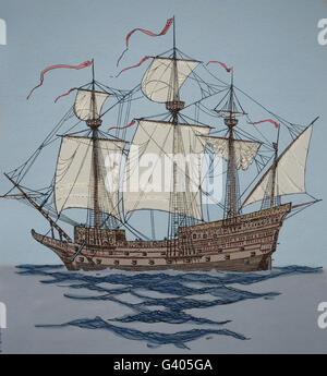 An early 16th century ship. Modern age. Europe. Engraving, 19th century. Color. Stock Photo