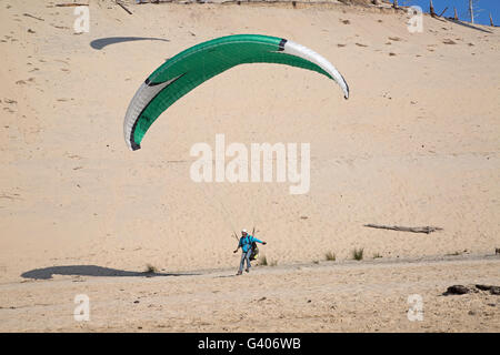 Paraglider landing on beach Dune of Pyla Southern France Stock Photo