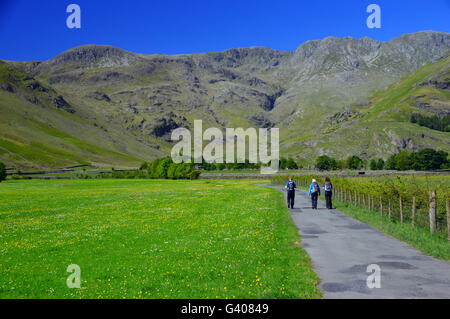 Three Walkers Heading Towards Oxendale with the Wainwright Mountain Crinkle Crags ahead of them in Langdale, Cumbria UK Stock Photo